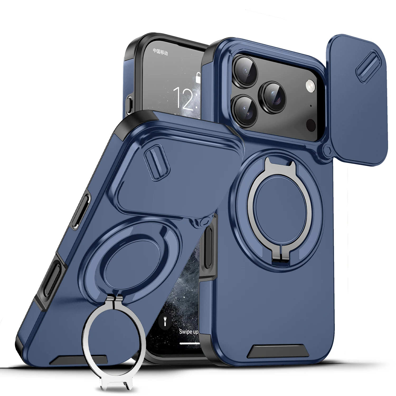 (azul, Iphone 14 Plus) Capa Magnética Resistente Com Anel De Suporte 360° E Proteção Deslizante Para Câmera (antichoque)