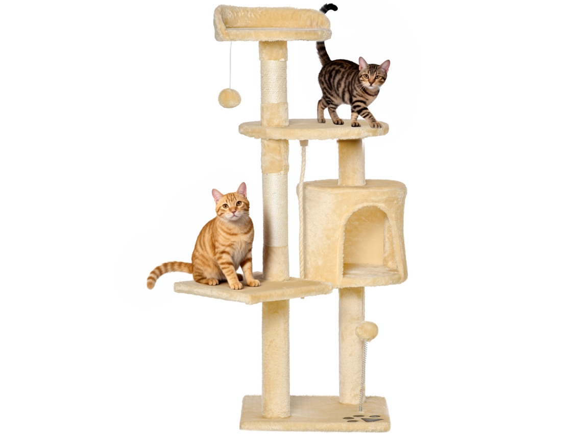 Árvore Grande Com Arranhador, Plataformas, Casinhas E Bolas Para Brincar, 114cm, Revestida Em Pelúcia, Bege