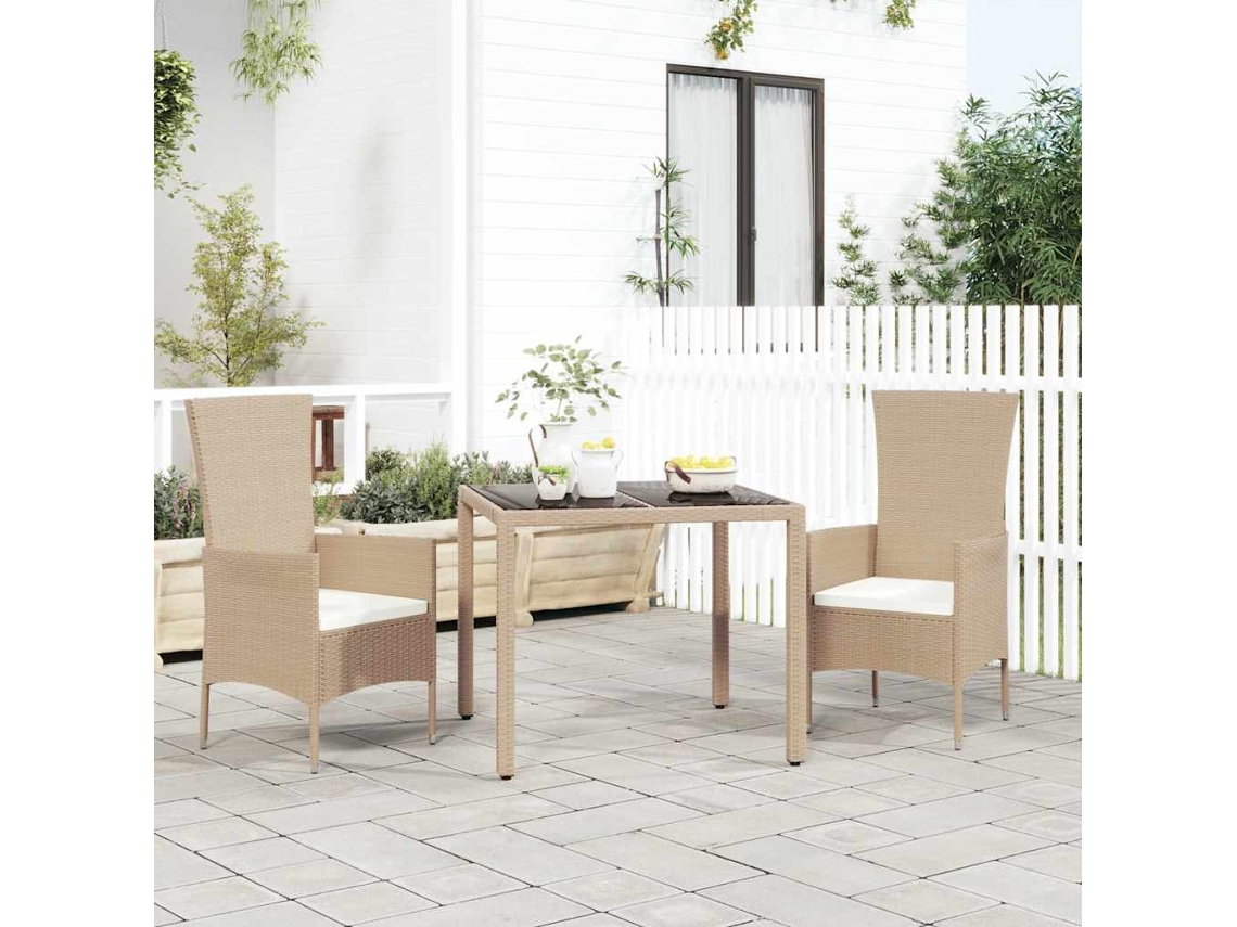Vidaxl Mesa De Jardim C/ Tampo De Vidro Vime Pe/vidro Temperado Bege