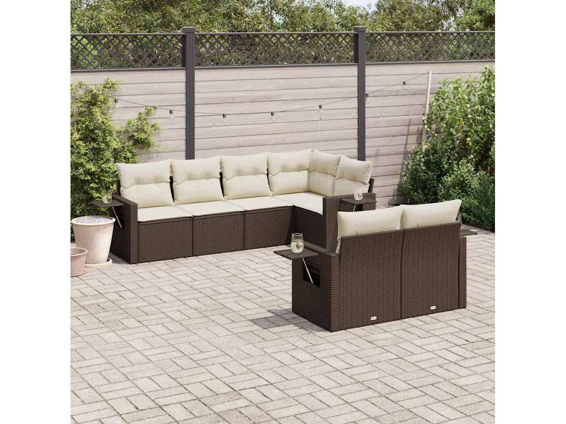 Conjunto de Sofás 7 Peças Jardim C/ Almofadões Vime Pe Castanho Dkd Home Decor