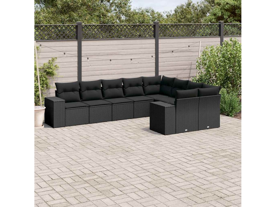 Vidaxl 9 Pcs Conjunto De Sofás P/ Jardim C/ Almofadões Vime Pe Preto