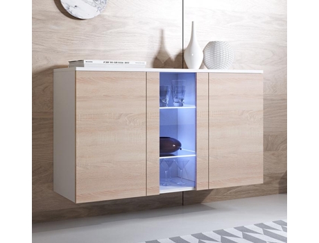 Aparador Suspenso Lukis Com Luz Led 120x70x40 Cm Carvalho Sonoma E Branco Brilhante Design Moderno Fabricado Em Espanha Domensino