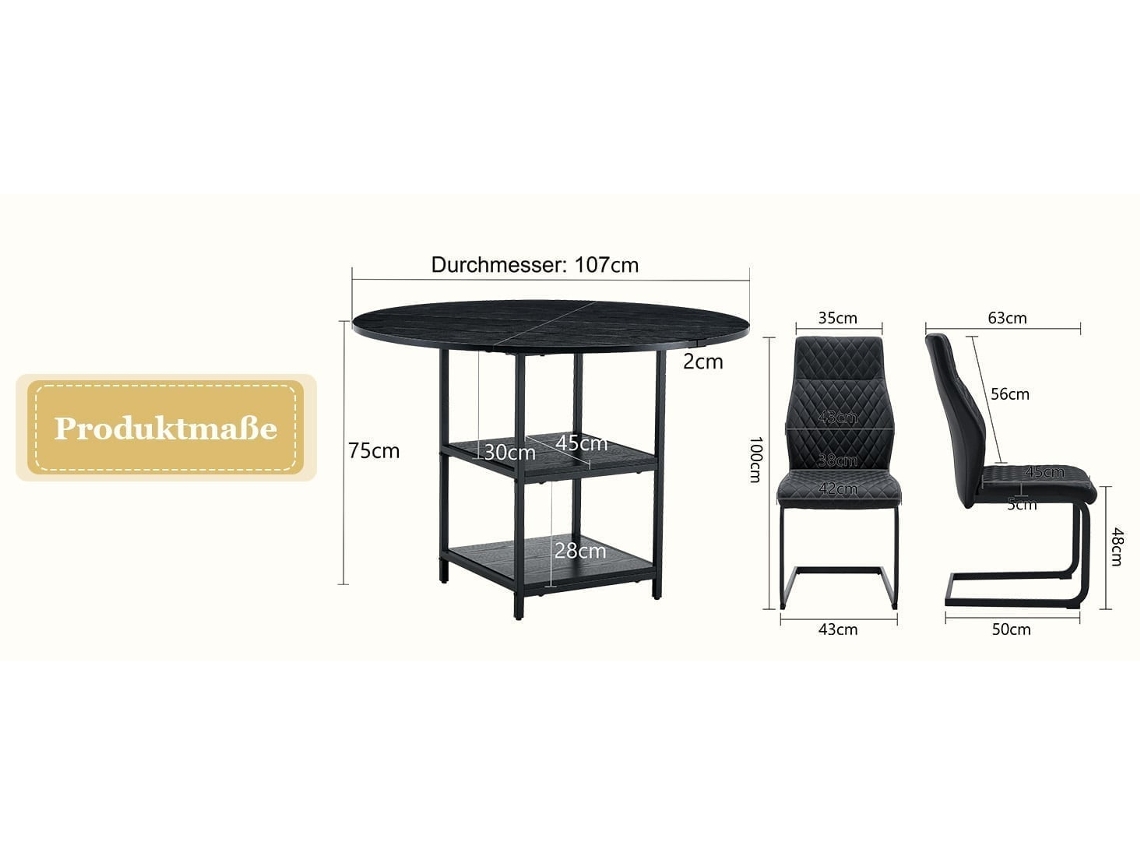 NOVELA Conjunto 2 peças mesa redonda 107cm com 2 prateleiras + 2 cadeiras losangos, MDF/metal, estilo industrial