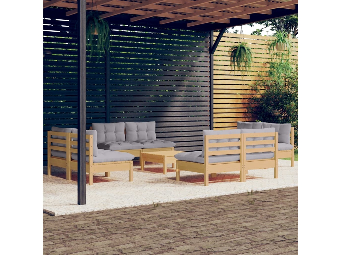 9 Pcs Conjunto Lounge De Jardim C/ Almofadões Cinzentos Pinho Dkd Home Decor