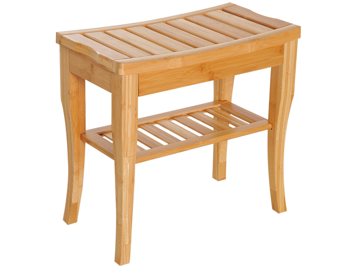 Banquinho de Banheiro de Bambu com Prateleira Impermeável e Banco Robusto para Sala de Estar Spa 47,5x26x44,5 Cm Natural Ge