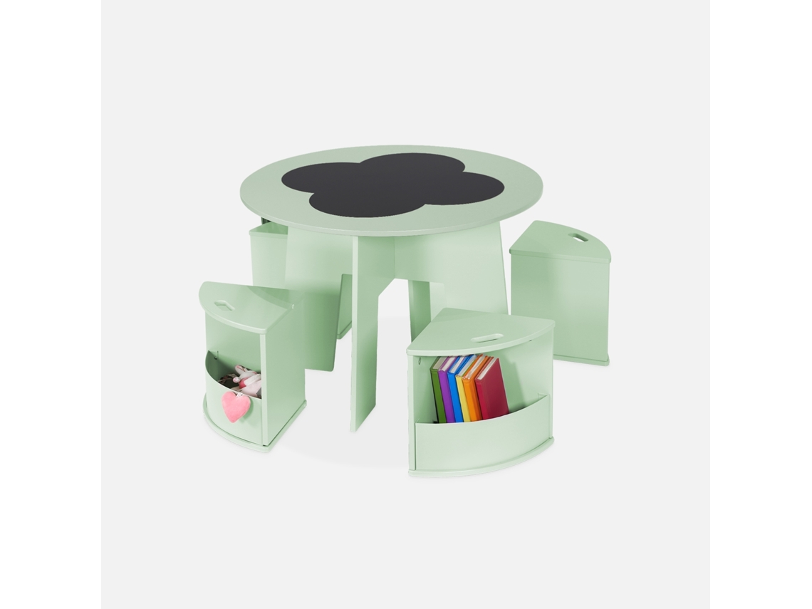 Mesa com Ardósia e 4 Cadeiras com Arrumação para Crianças Verde SWEEEK