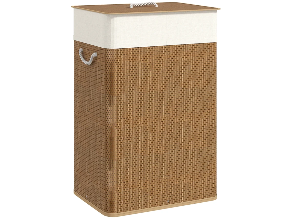 Cesta De Roupa Suja 72l Com Tampa, Cesta De Bambu Com Alças De Corda E Sacola Removível E Lavável, Marrom Ch