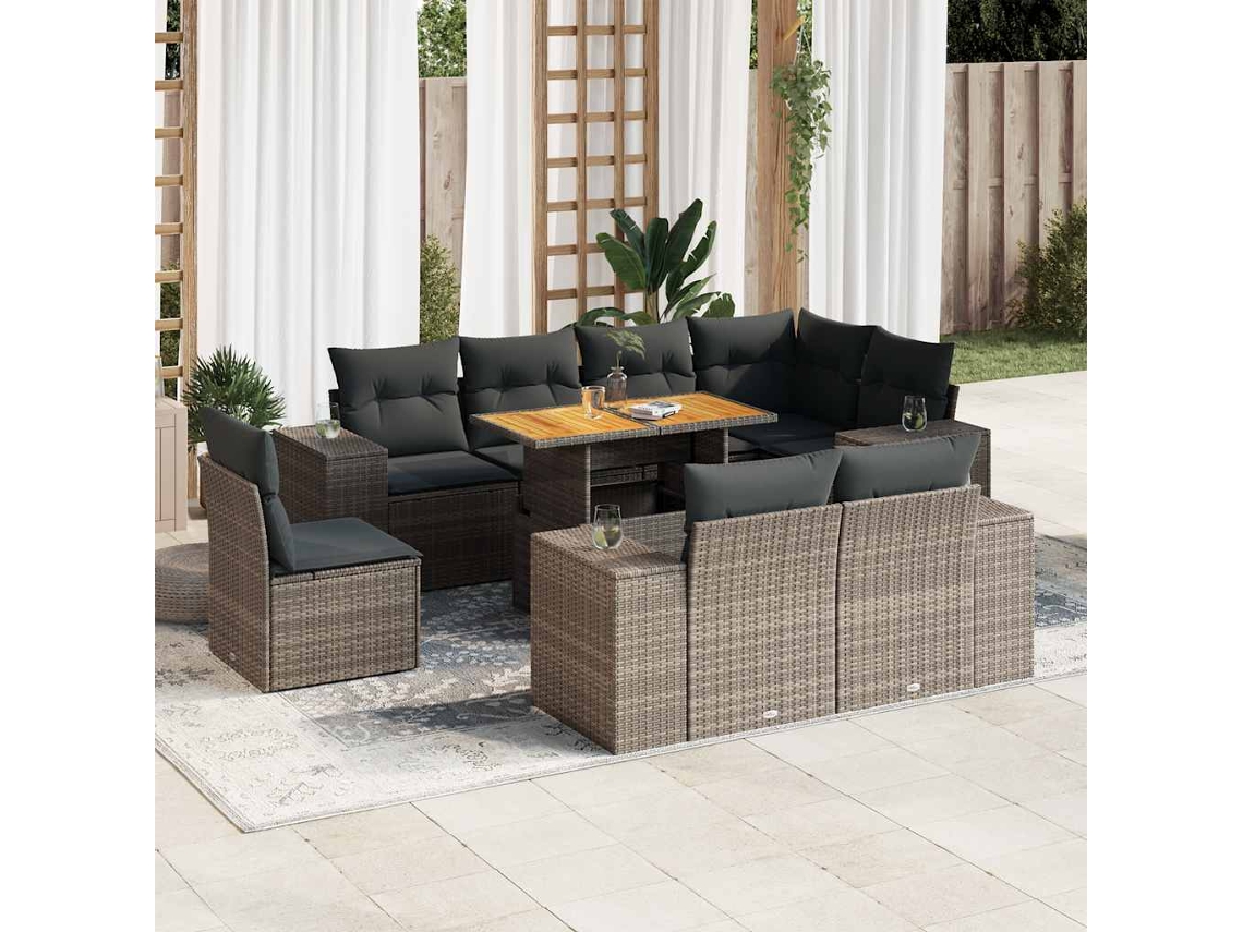 Vidaxl 9 Pcs Conjunto Sofás P/ Jardim Com Almofadões Vime Pe Cinzento