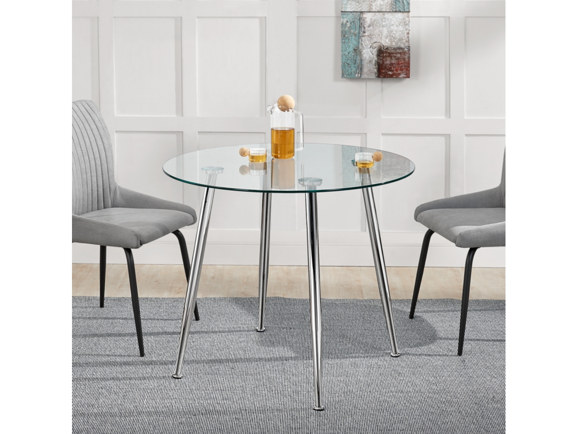 Mesa de vidro Humppila redonda versátil com 4 pernas de aço 75 x Ø 80 cm - Transparente e Cromado [en.casa]
