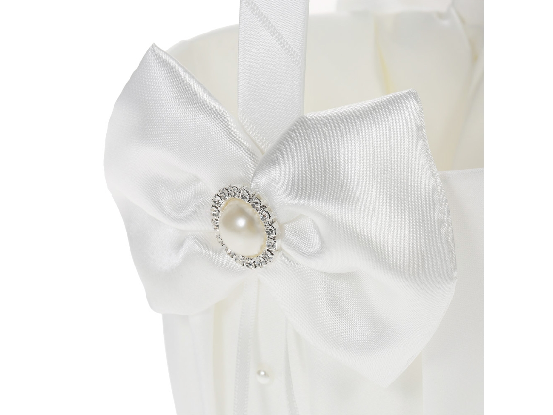 Conjunto de Travesseiro Porta anéis e Cesto da Florista Branco de Cetim com Strass e Pérolas Falsas para Casamento | S/MARCA