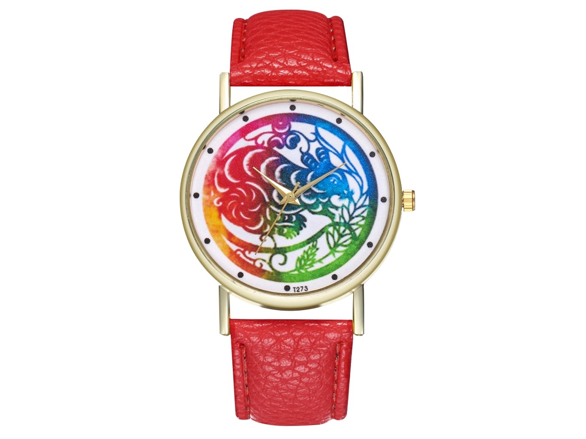 Reloj De Cuero Pu Moda Unisex Con Dial Redondo Patrón Animal De Cuarzo Rojo