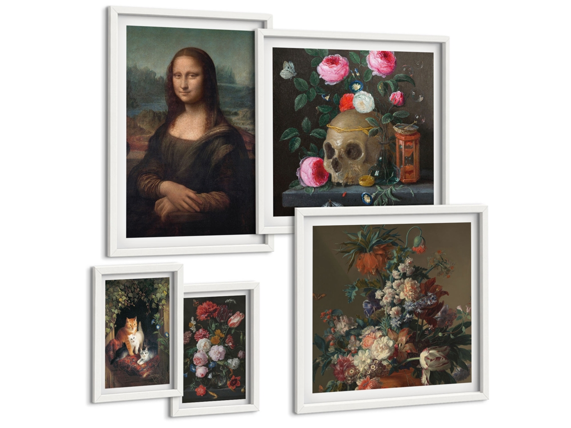 Quadros Decorativos Para Parede Flores, Crânio, Retrato Da Mona Lisa Moldura Branca Quadros Para O Escritório Espelharte (conjunto De 5 Imagens)