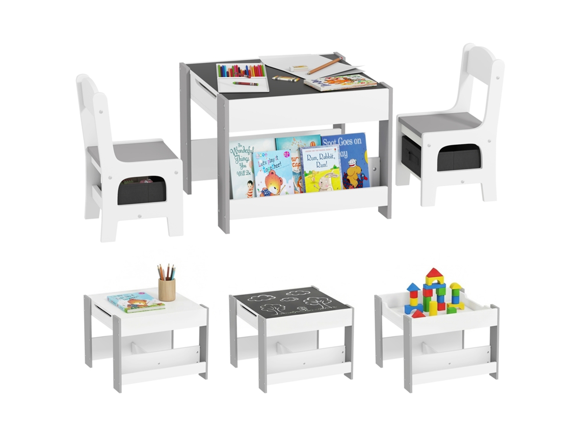 Conjunto Infantil De Mesa E 2 Cadeiras Com Tampo De Lousa Reversível, Cesto De Arrumação E Prateleiras.