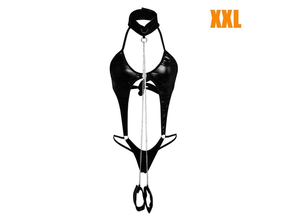 Lingerie Sexy de Couro Pu para Mulheres com Cadeia, Sutiã, Tanga G string e Macacão Intimo