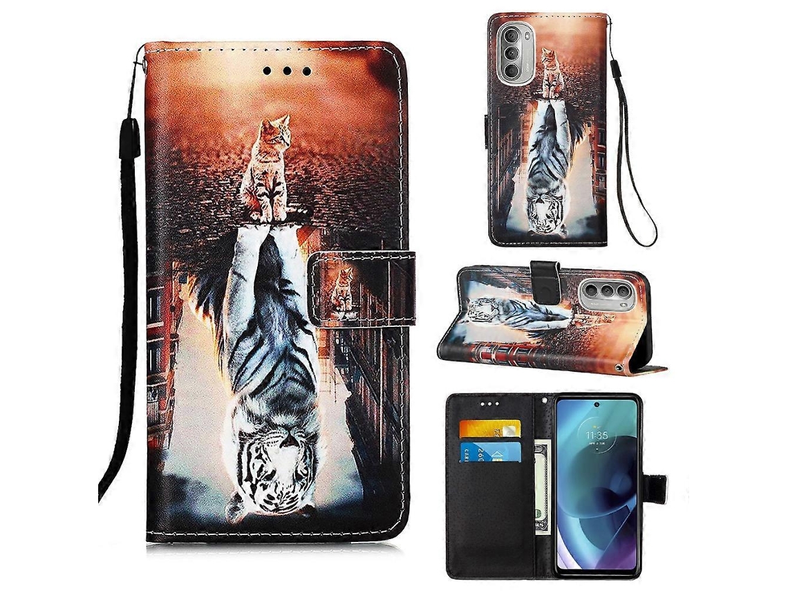 Capa De Couro Com Estampa Colorida E Trama Lisa Para Motorola Moto G51 5g