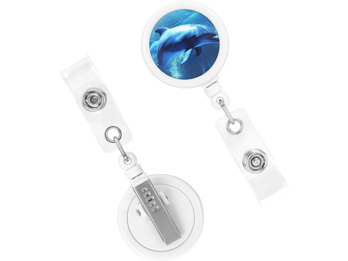 Porta-crachá retrátil resistente, modelo Blue Ocean Dolphin, com clipe reforçado e chaveiro de identificação.