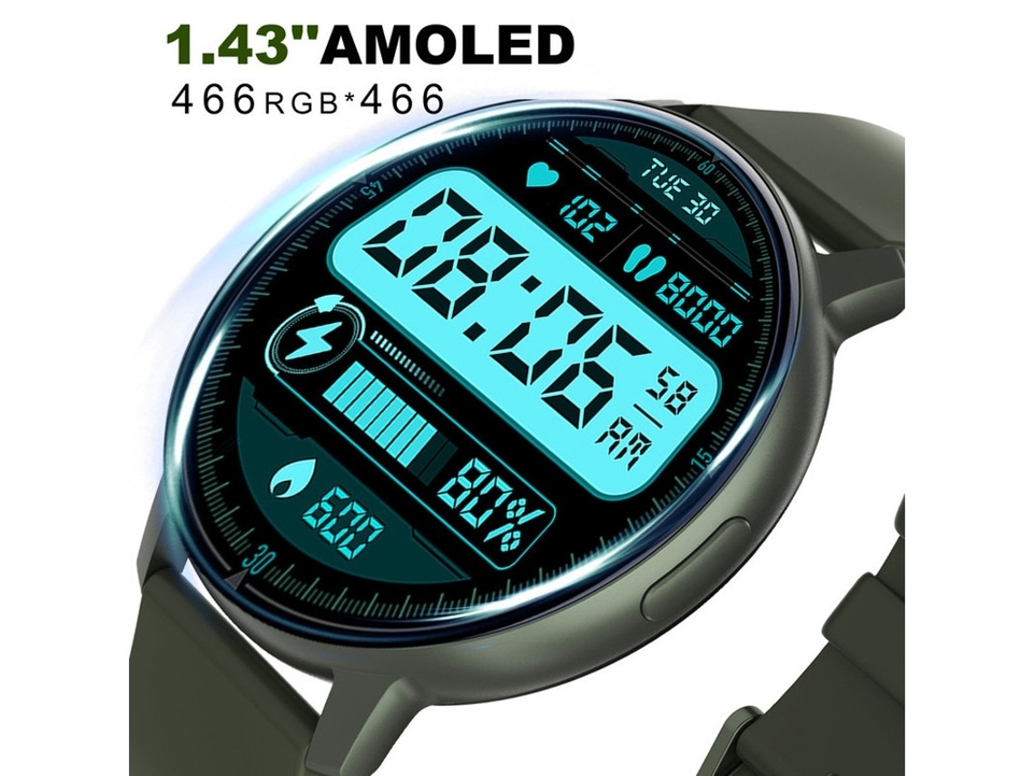 Relógio inteligente Bestvite S48t com Bluetooth, monitor de frequência cardíaca e pressão arterial, tela AMOLED de 1,43 polegadas, verde
