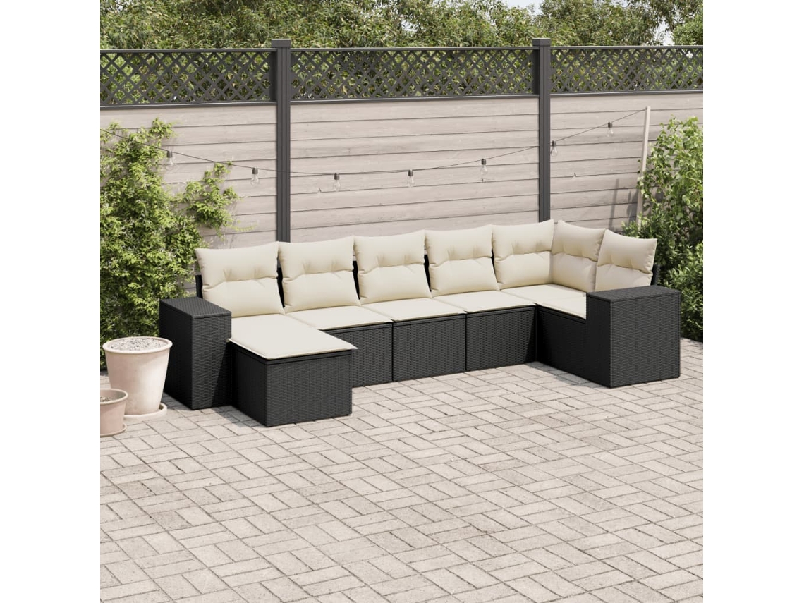 7 Pcs Conjunto De Sofás P/ Jardim C/ Almofadões Vime Pe Preto Dkd Home Decor