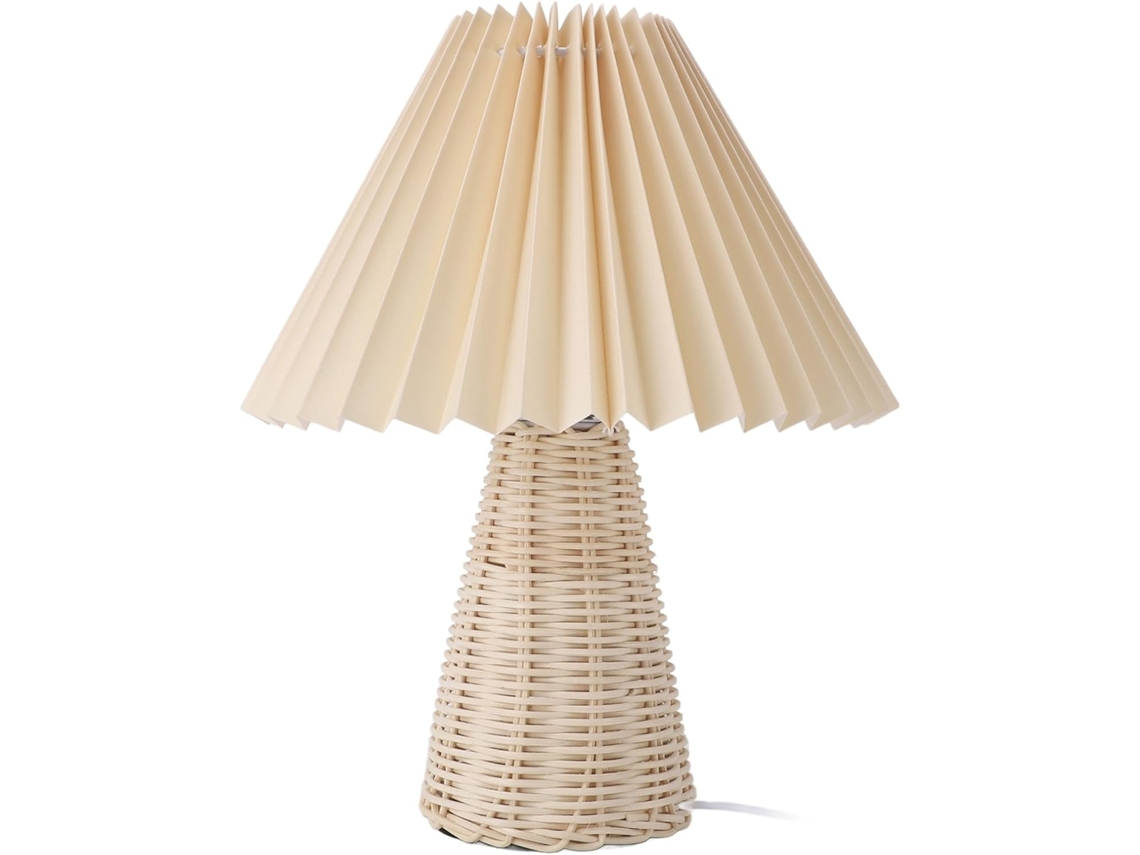 Base de mesa Ftvogue com base em rattan e cúpula de tecido plissado, LED 5V com alimentação USB, 3 núcleos de luz, controle