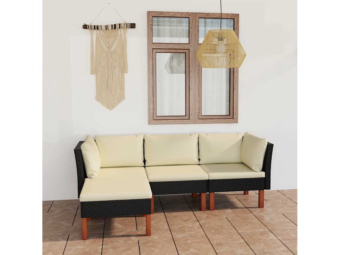 Vidaxl 4 Pcs Conjunto Lounge De Jardim C/ Almofadões Vime Pe Preto