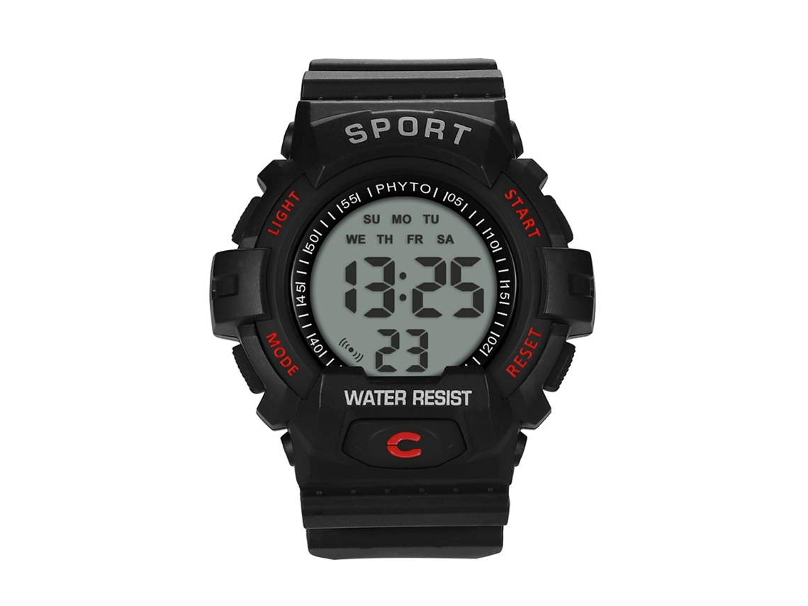 Relógio esportivo eletrônico masculino com visor digital e cristal preto.
