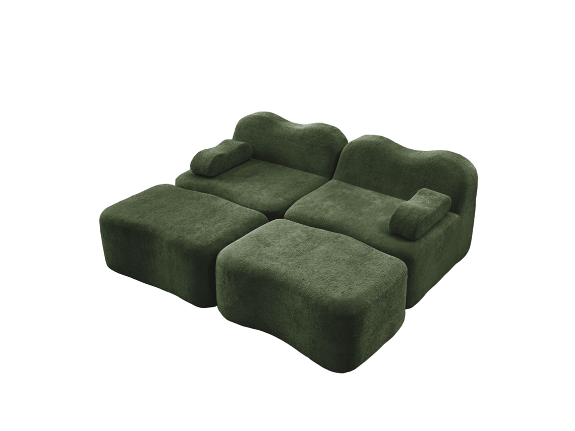 Sofá Modular De 2 Lugares Com 2 Puffes, Sofá Boneless Em Espuma De Alta Densidade 32d, Almofadas Móveis, Design Antiderrapante Verde