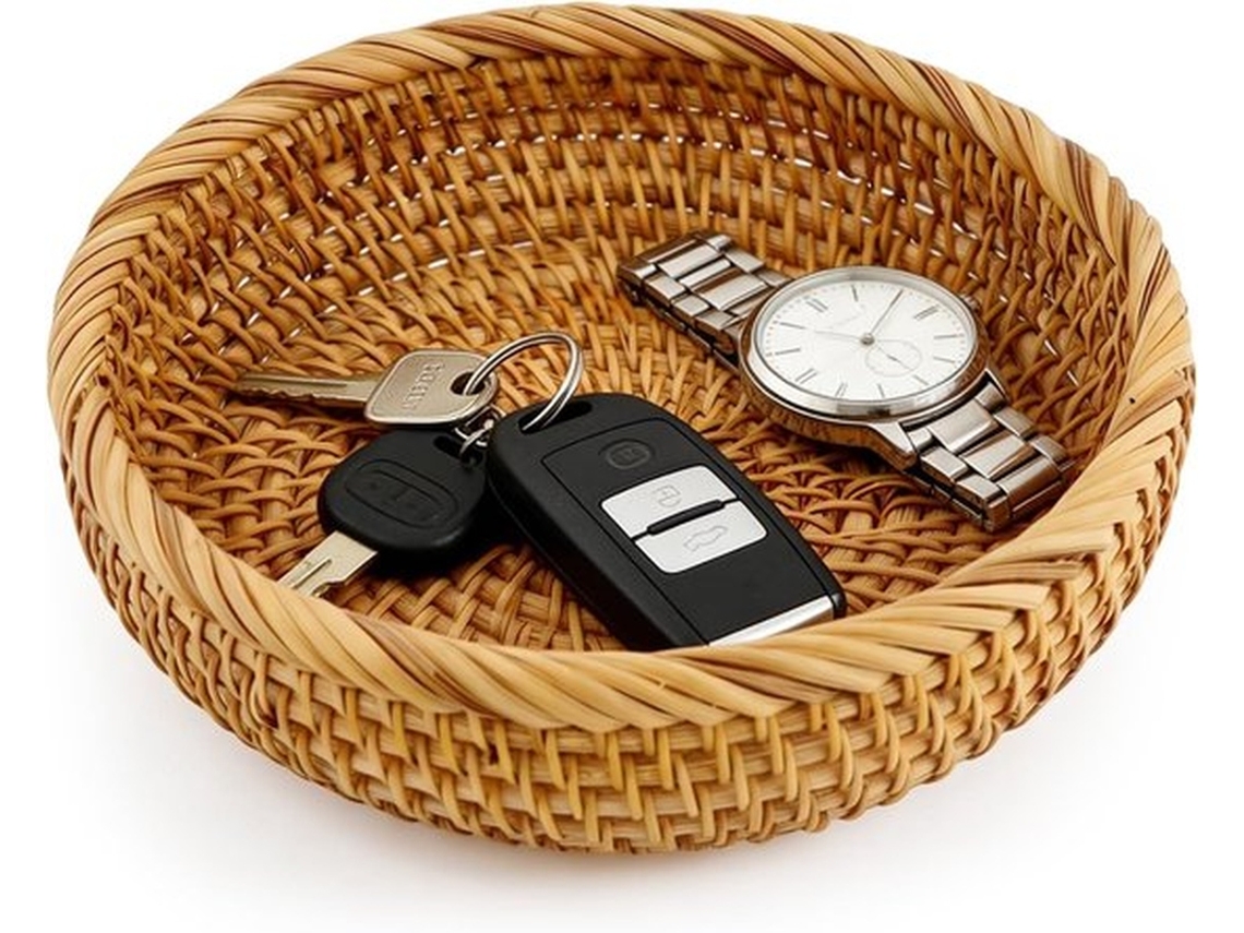 1 Peça - Tabuleiro Decorativo Redondo Em Rattan, 19 Cm