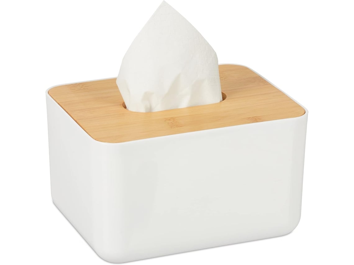 Porta-lenços De Bambu - Com Tampa De Bambu - Para Banheiro - Design Moderno - 10 X 17 X 13 Cm - Branco/natural