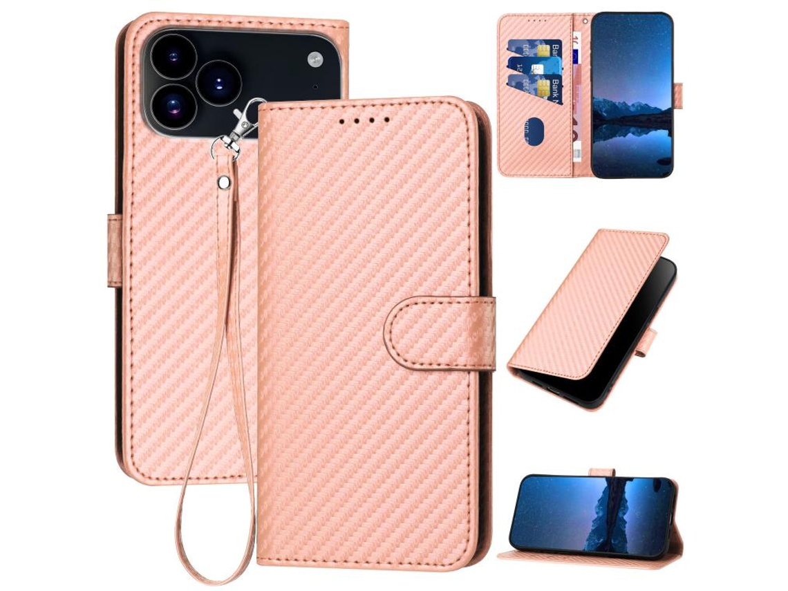 Capa De Couro Para Iphone 17 Pro Max - Fivela Em Fibra De Carbono - Com Cordão