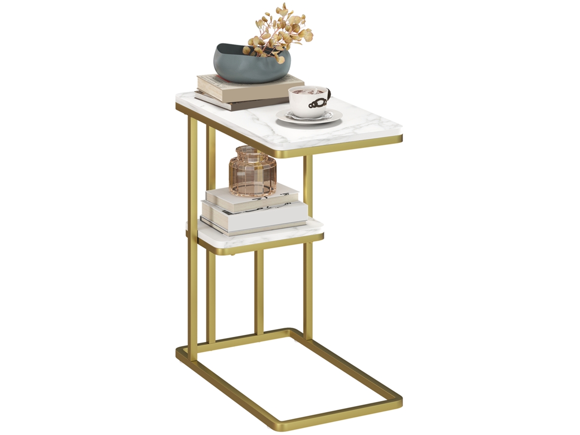 Mesa Auxiliar Estrutura Em C Estreita De 2 Níveis Com Prateleira Efeito Mármore Elegante Branco 50x30x57,5 Centímetros