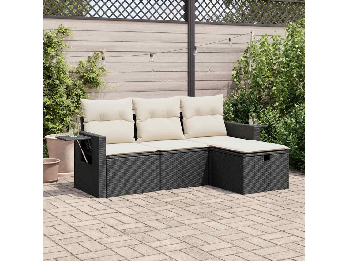 Vidaxl 4 Pcs Conjunto De Sofás Para Jardim C/ Almofadões Vime Pe Preto