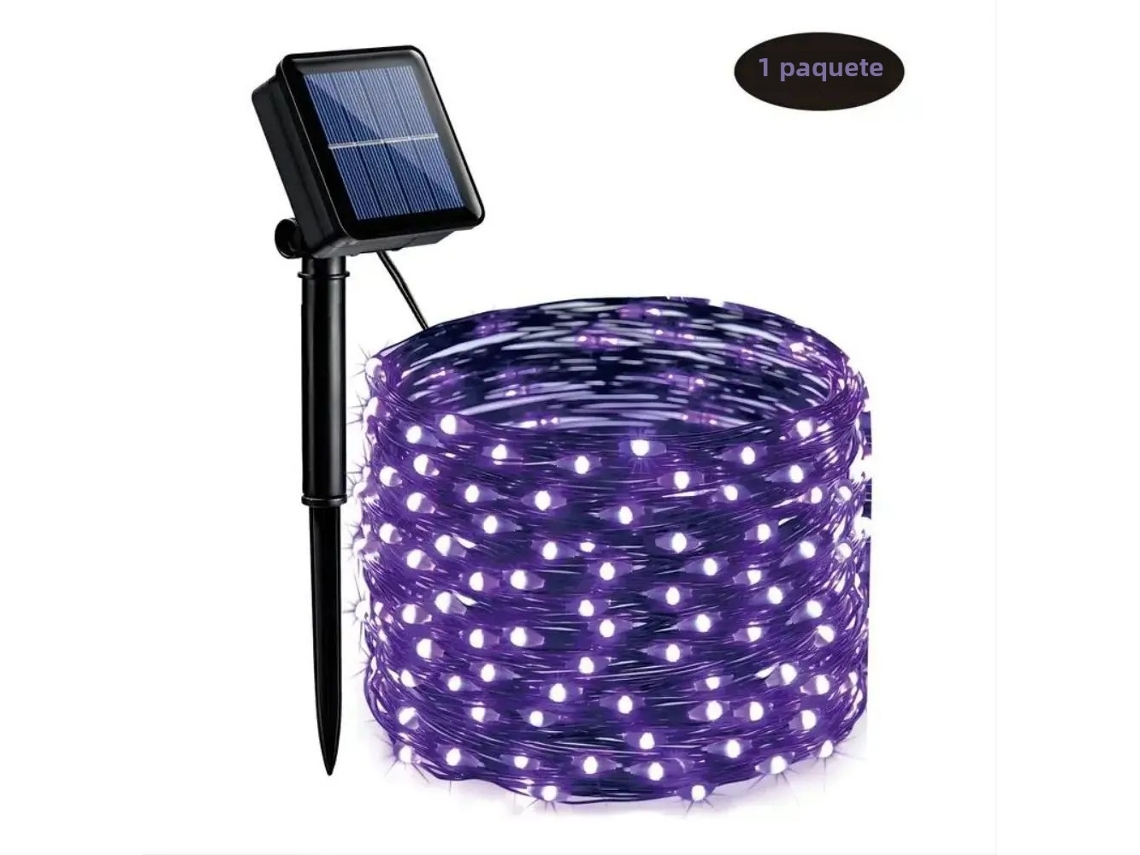 (roxo) Cordão De Luzes De Halloween Movido A Energia Solar, 12 Metros, 120 Leds, 8 Modos