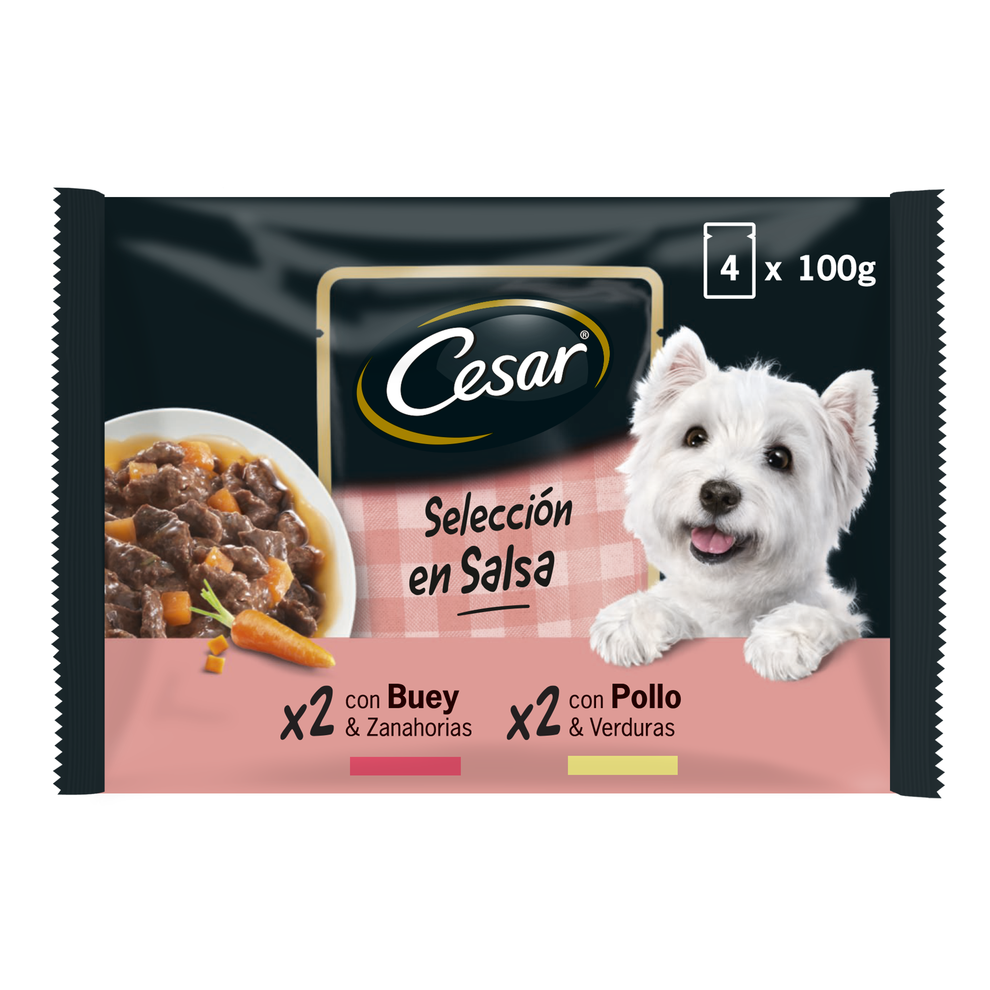 Comida Húmida para Cão Seleção em Molho Galinha e Vegetais & Vaca e Cenouras Multipack 4X100 G CESAR