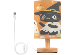 Luminária De Mesa Skyshu Em Formato Gato Com Tema Halloween Pequena Led Usb Base Madeira Antiderrapante E Cúpula Que Não