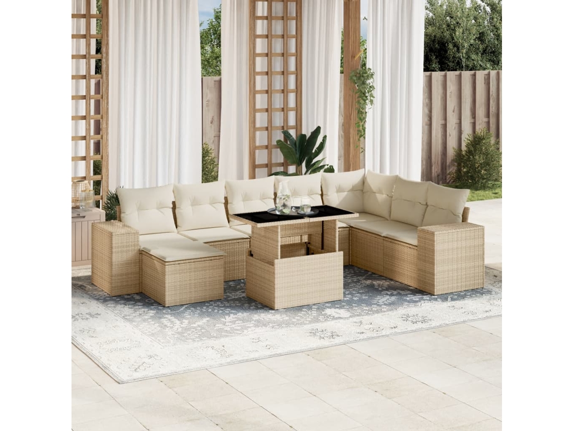 Conjunto de 9 Sofás para Jardim com Almofadas Vime Pe Bege Dkd Home Decor