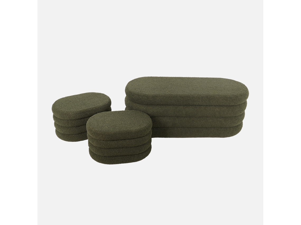 Banco Baú Com 2 Puffes De Arrumação Boucle, Verde Caqui Sweeek