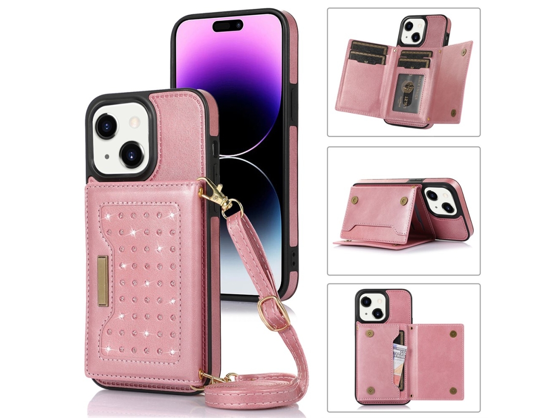 Capa Bloqueio Rfid Pega Para Iphone 15 Pele Sintética Rosa