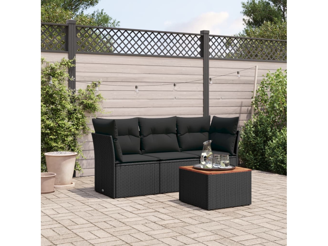 Vidaxl 4 Pcs Conjunto De Sofás Para Jardim C/ Almofadões Vime Pe Preto