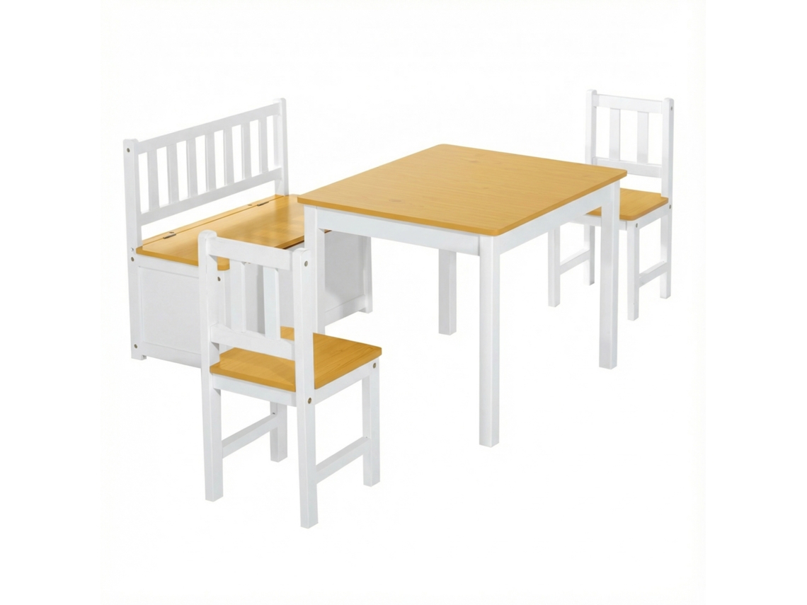 Conj. Mesa E Cadeiras Infantis 4 Peças, Mesa C/ 2 Cadeiras E Banco C/ Armazenamento, +3 Anos, Branco E Natural