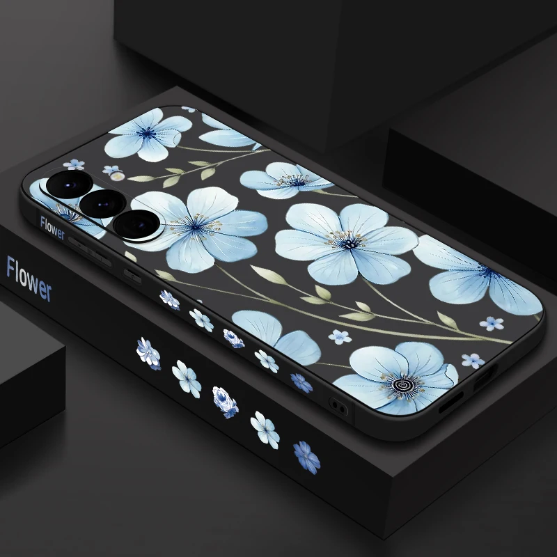 Capa Para Celular Galaxy A14 5g Com Estampa Floral Azul (preta), Capa Macia.