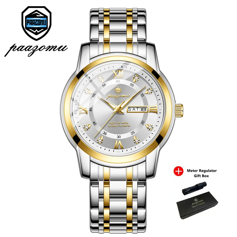 Relógio De Luxo Clássico (dourado E Branco), Resistente À Água, Com Mostrador De Data Luminoso.