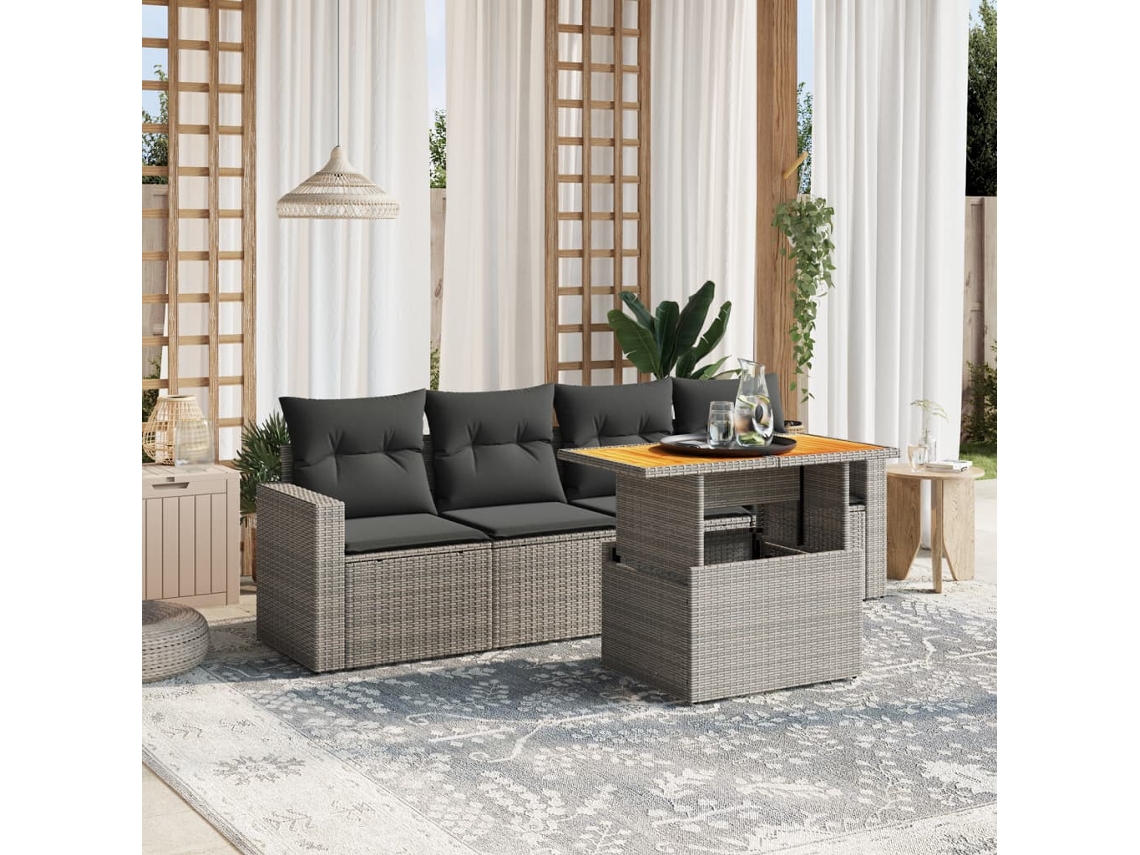 Vidaxl 5 Pcs Conjunto Sofás De Jardim C/ Almofadões Vime Pe Cinzento