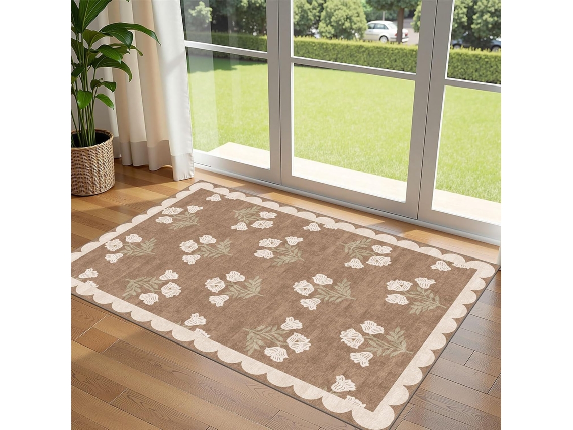Tapete De Entrada Floral Pequeno E Lavável, 91 X 152 Cm – Tapete Antiderrapante Para Uso Interno E Externo, E