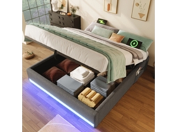 Cama Estofada 140x200 Led Usb Bolsos Hidráulico Cinza