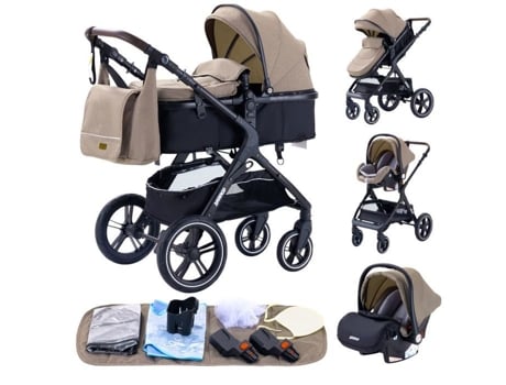 Carrinho de bebê 3 em 1, assento de carro combinado, nacele, trio, reversível, ajustável, rodas incríveis de alta qualidade, cáqui, Yazoco