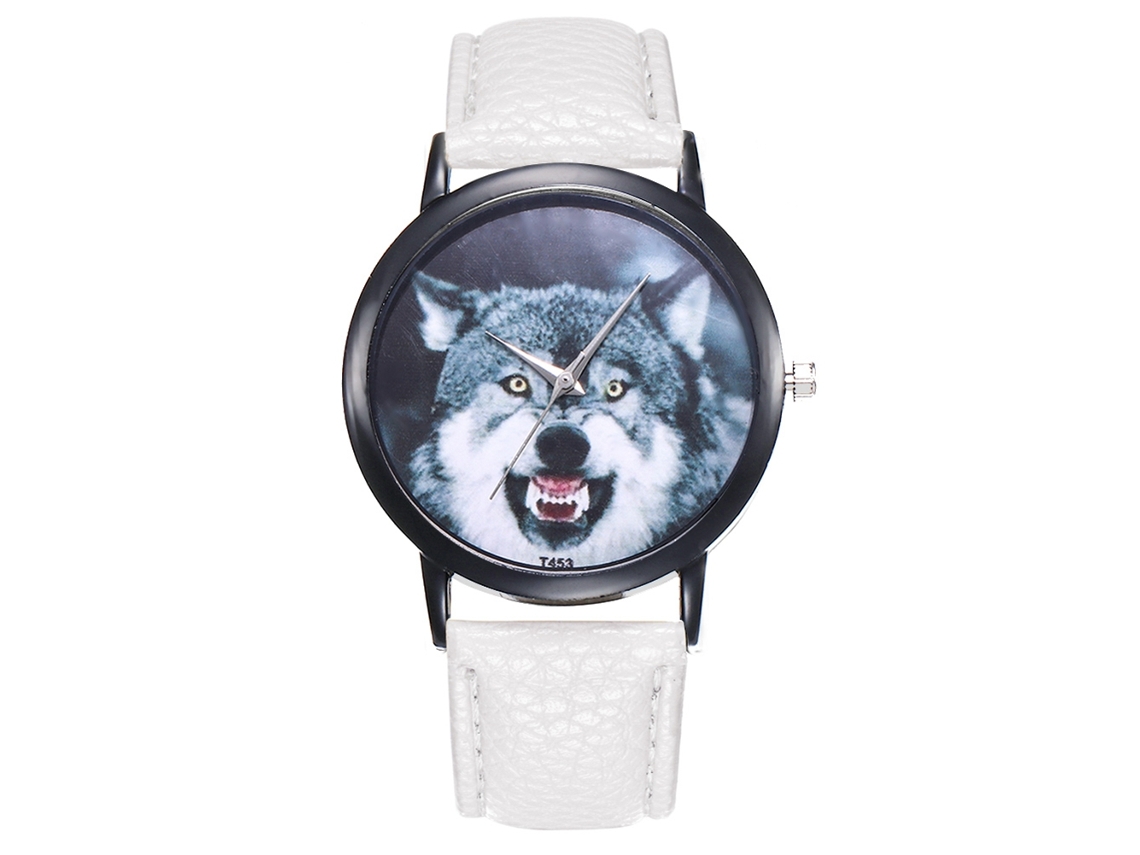 Relógio de pulso analógico masculino com mostrador em formato de cabeça de animal, pulseira ultrafina de PU, branco