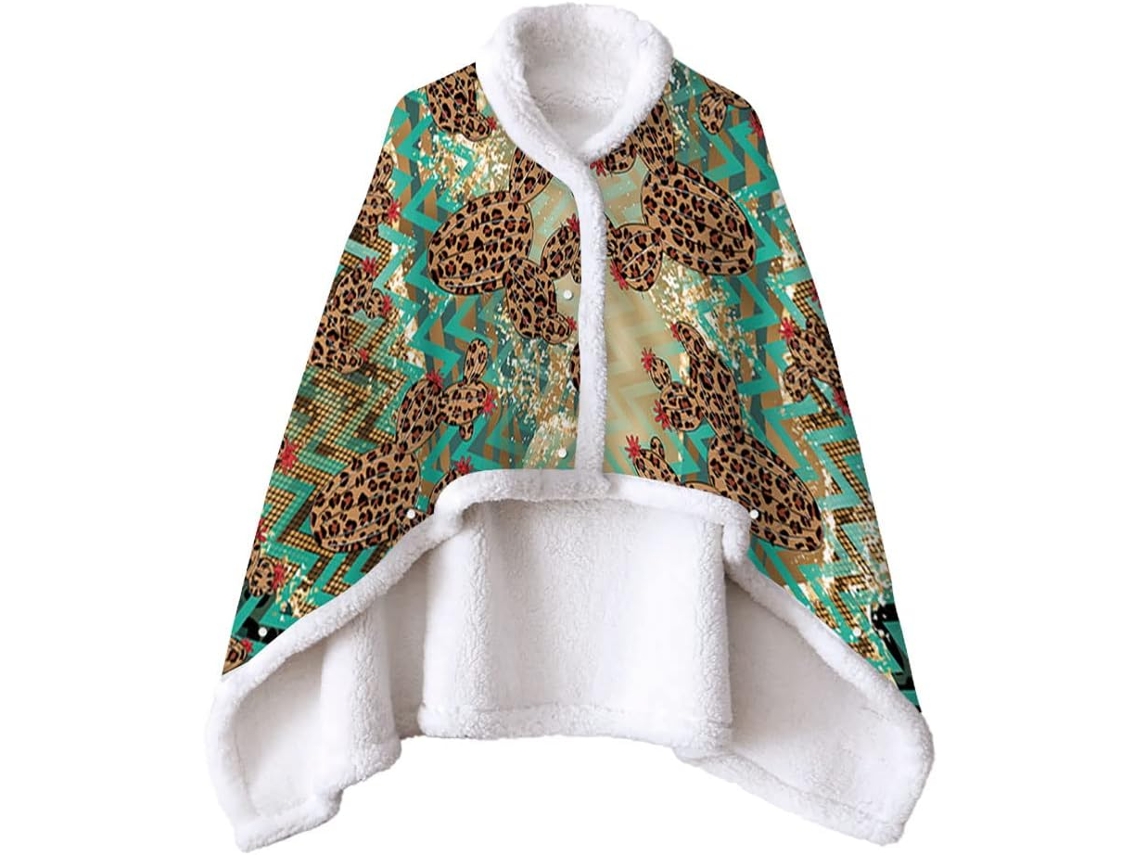 Manta de Lã Sherpa Fansu Xale Grossa e Macia para o Inverno Estampa Leopardo com Botões Quente Microfibra Adul