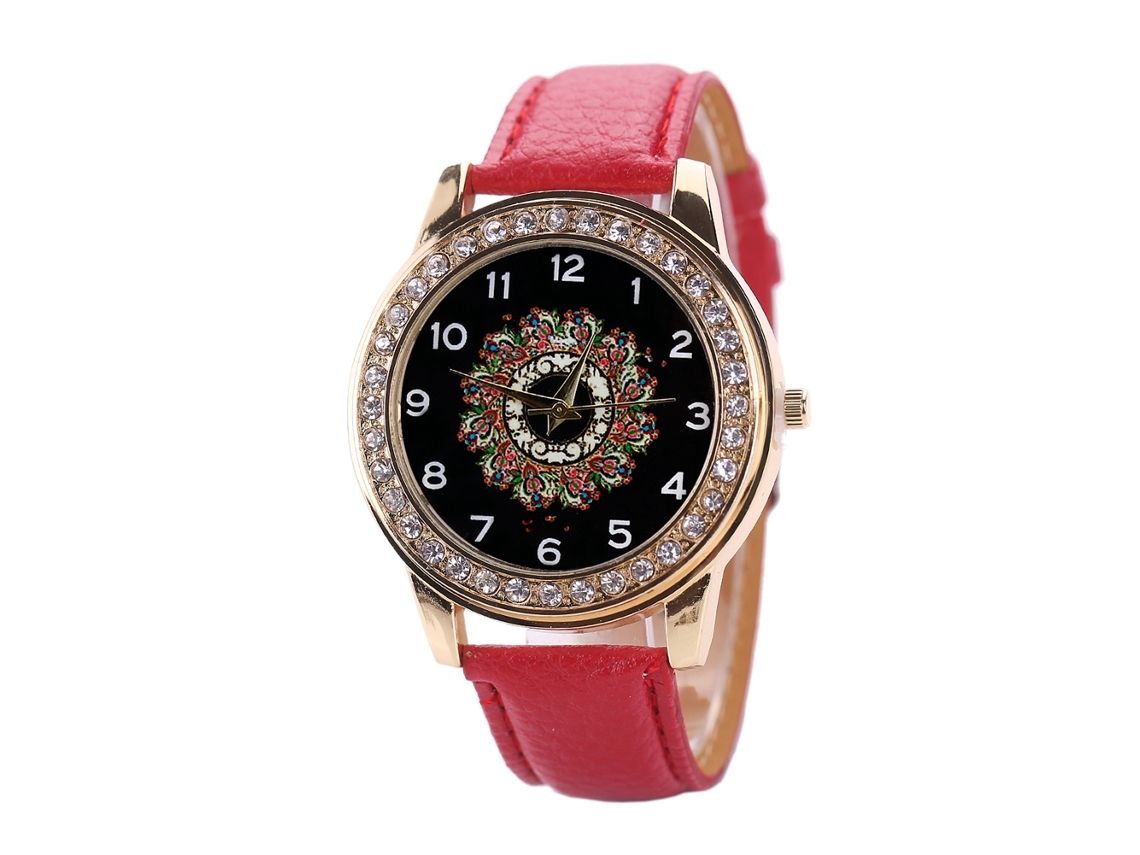 Relógio Feminino de Moda com Pulseira de Couro Pu e Strass, Relógio de Quartzo com Mostrador Redondo Grande