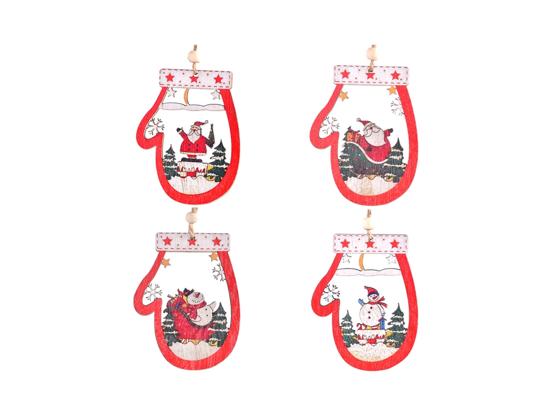 Conjunto 4 Ornamentos Madeira Pai Natal Boneco Neve (LxAxP cm)
