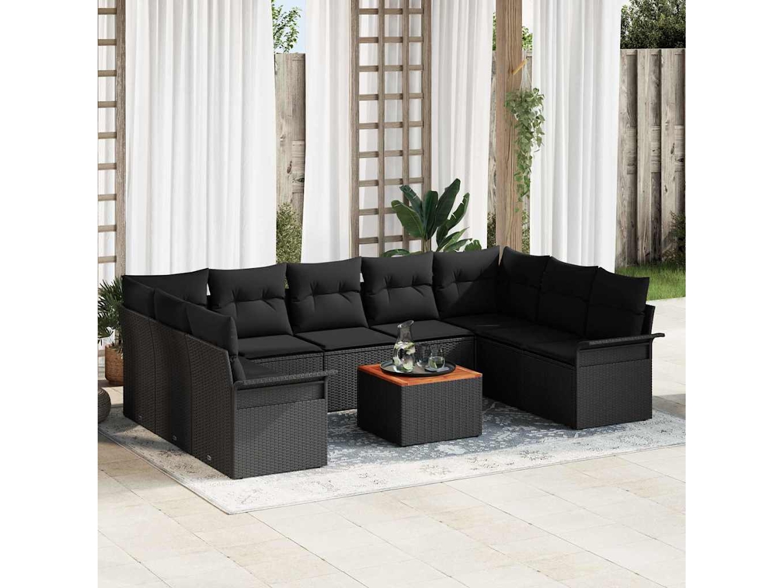 Vidaxl Conjunto De Sofá De Jardim Com Almofada 10 Pcs Preto Vime Pe